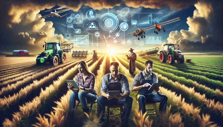 High-definition realistic image depicting the revolution of agriculture: Innovative banking solutions for farmers. Show farmers of different descents such as a Hispanic male farmer, a Caucasian female farmer, and a Middle Eastern male farmer in the forefront, use tablets and smart devices. The background reveals a flourishing farm landscape. Digitally represented in the sky, depict a blend of traditional farming equipment and modern technology like drones, digital maps and charts, signifying the fusion of tradition and innovation in agriculture.