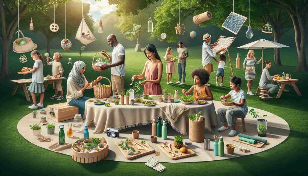 Create a detailed, high-definition image that embodies the concept of choosing sustainable alternatives for outdoor gatherings. Show a picnic scene in a lush, green park, with a group of diverse individuals engaged in various activities. Ensure there is a range of ages, genders, and descents, such as a Middle-Eastern woman setting up a reusable fabric tablecloth, a Black man preparing food with eco-friendly utensils, a Hispanic kid playing with a wooden toy, and a White woman enjoying her meal from a bamboo plate. Highlight elements like reusable bottles, cloth napkins, solar-powered lights and biodegradable serving ware, demonstrating the focus on sustainability.