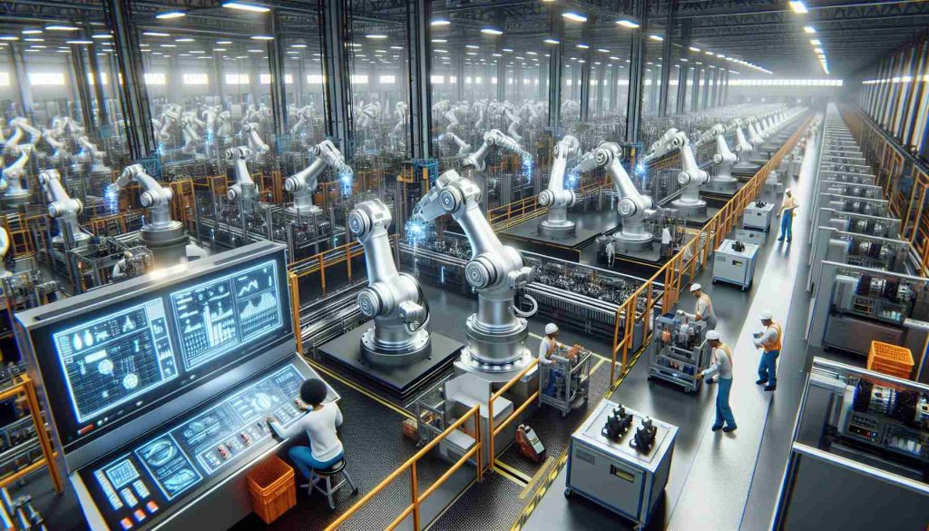 Imagine a high-definition, highly realistic scene portraying the rise of automation in the manufacturing industry. Envision an extensive factory floor dominated by gleaming robotics busily assembling products. Convey the scale and complexity of these machines, with their multitude of steely arms, LED indicators, and screens displaying streams of data. Contrast this with scattered human technicians of varying genders and descents: Black woman attentively monitoring the machines through a digital control panel, a middle-eastern man clad in safety gear doing maintenance on a robot, and a Hispanic woman supervising from an overhead walkway. The overall environment should evoke a sense of advanced technology, efficiency, and the changing face of manufacturing infrastructure.