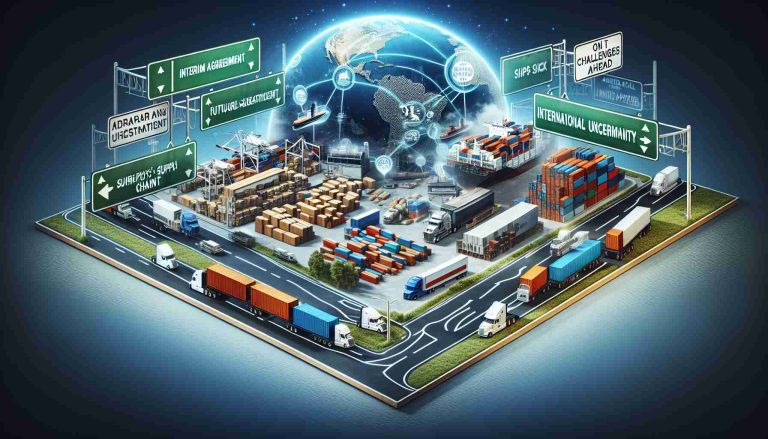 A visual representation of the challenges faced by America's supply chain after an interim agreement. The image should depict a warehouse filled with various goods, container trucks, ships, and perhaps a globe denoting international supply routes. Everything should have a haze over them symbolizing future uncertainty, and road signs denoting 'Challenges Ahead'. Remember to use high-quality, realistic aesthetics for the presentation.