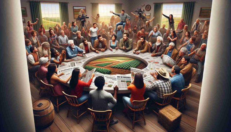 An ultra-high definition, hyperrealistic picture capturing a heated debate taking place over the media portrayal of various agricultural methods and practices. The scene includes a diverse set of individuals coming from different ethnic backgrounds such as Caucasian, Black, Hispanic, Middle-Eastern, and South Asian. Around a circular table, we see people of different genders enthusiastically involved in a passionate discussion. Tangible tension can be felt in the air, with some holding news articles while others gesture emphatically. The room is adorned with farming-related paraphernalia, symbolizing the central theme of the debate.