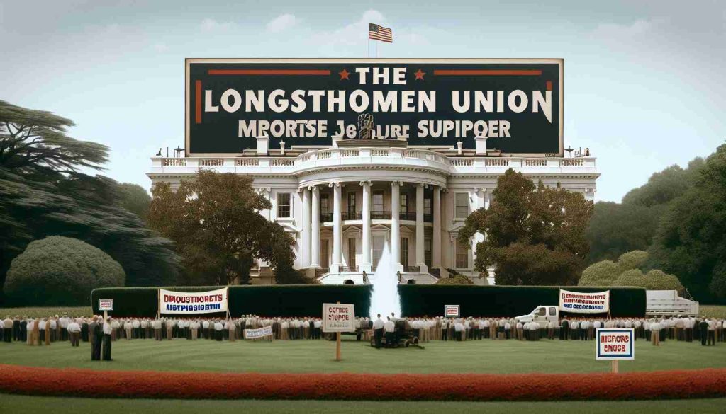 A high-definition photo realistic representation of the White House with signs supporting the Longshoremen Union, juxtaposed with implied signs of concern from the Democratic party.