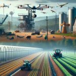 Create a High-definition realistic image that visually interprets the increasing influence of corporations over agricultural practices. This scene should include signs of advanced technology being implemented in a rural farm setting, like drones monitoring crop growth, automated machines working on the fields, and tech-infused greenhouses. Then, contrast these with traditional farming tools and techniques still present such as manual ploughs, scarecrows, and wooden barns. The image should subtly convey the transition from traditional to corporate-led farming.