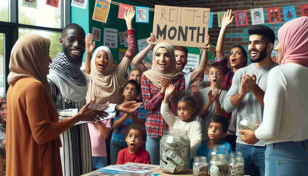 High definition snapshot portraying a diverse community gathering together for a month-long fundraising campaign. Imagine a Middle-Eastern woman actively addressing the crowd, a Black man enthusiastically handing out flyers, and a group of Hispanic and South Asian children enthusiastically collecting donations in their respective jars. Include an array of colorful campaign banners and posters in the background. Also, ensure a sense of unity, positivity and eagerness permeates the scene.