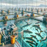 Generate a realistic, high-definition image that displays the revolutionary methods of sustainable aquaculture. There should be a mix of elements centered around salmon farming: modern equipment that preserves the salmon's habitat, feeding techniques that ensure the salmon's health and growth. The scenery should include clean, clear water bodies in which salmon are swimming, enclosed by cages or nets. The background should depict a harmonious blend of technology and nature, illustrating the sustainable approach towards farming. Add a mid-distance view to capture different operations in the farm. Specify the people operating the machinery as Middle-Eastern female and South Asian male while ensuring they wear safety gears and aquaculture uniforms.