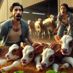 High-definition, realistic depiction of a rare and miraculous event, the birth of quadruplet calves, happening on a farm. Showcase the surprised emotions of a South Asian male farmer and a Caucasian female farmer as they witness this extraordinary occurence. Include distinguishable features of a productive farm with a clean barn, green pasturing fields, and grazing cattle. The four newborn calves are in the center, healthy and energetic, captivating the eye. Capture the entire scenario in bright daylight with warm, natural tones.