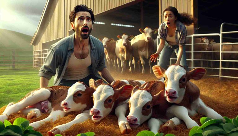 High-definition, realistic depiction of a rare and miraculous event, the birth of quadruplet calves, happening on a farm. Showcase the surprised emotions of a South Asian male farmer and a Caucasian female farmer as they witness this extraordinary occurence. Include distinguishable features of a productive farm with a clean barn, green pasturing fields, and grazing cattle. The four newborn calves are in the center, healthy and energetic, captivating the eye. Capture the entire scenario in bright daylight with warm, natural tones.