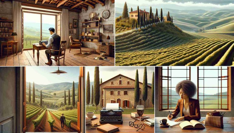 A high-definition, realistic image of a writer's retreat located in the Italian countryside. The scene should showcase a calming and inspiring place, nestled within lush rolling hills and rustic vineyards. Picture a classic Italian villa with stone walls and terracotta roofs, surrounded by cypress trees. Inside the retreat, there should be an Asian male writer working on a vintage typewriter, while an African female writer sketches her thoughts in a notebook, both of them motivated and inspired by the serene surroundings. Include some details like a cup of steaming coffee, a stack of books, and glasses left beside an open window with breathtaking countryside view.