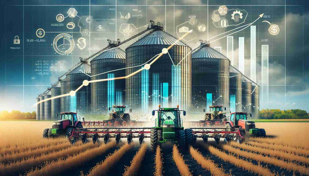 Create an image representing the new trends in the soybean market impacting the large agriculture industries. The image should depict graphs and charts showcasing the rise and fall of prices, production levels and demand. Within the scene, put wheeled machines ploughing fields brimming with soybeans with gigantic silos storing harvested produce in the background. Incorporate elements that signify the impact of market trends like arrows, financial symbols etc. The overall quality should be high-definition and realistic.