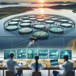 Create a high-definition, realistic image representing scientific breakthroughs regarding the unexpected environmental effects of aquaculture. The image may contain a large fish farm situated amidst a serene body of water. In front of this scenario, a few scientists, a Caucasian woman and a Middle-Eastern man, are studying data on a high-tech screen. Overlaying the scene, add a banner with the text 'Revolutionary Research Reveals Surprising Environmental Impact of Aquaculture'. The overall view should communicate both the significance of the research and the contrasting beauty of the environment on which it focuses.