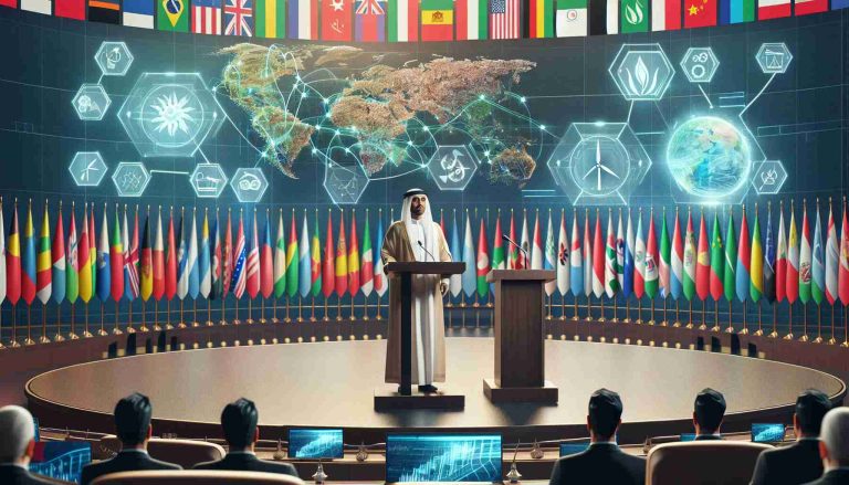 A realistic high-definition visualization of a moment where an agriculture minister, who is a Middle-Eastern man dressed formally, addresses the audience. He stands behind a lectern in a conference room filled with various international flags, map of the world in the background. The minister proudly announces new sustainable agriculture initiatives. Elements of innovation are represented by holographic displays of wind turbines, solar panels, and photosynthesis diagram, filling the room with a futuristic allure.