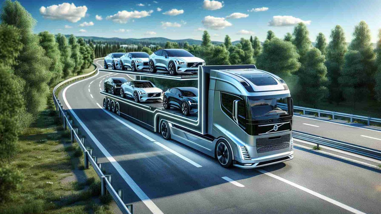 A detailed, high-resolution image representing the concept of revolutionizing logistics. It portrays an electric truck labeled as 'Volvo' loaded with modern cars meant for delivery. The truck is designed with sleek lines and a futuristic aura, emphasizing its electric nature. It is driving along a highway lined with lush green trees, with the clear blue sky being visible in the background. Please note that the cars on the truck are intended to be luxurious and top-tier, akin to those produced by top automobile manufacturers.