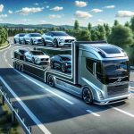 A detailed, high-resolution image representing the concept of revolutionizing logistics. It portrays an electric truck labeled as 'Volvo' loaded with modern cars meant for delivery. The truck is designed with sleek lines and a futuristic aura, emphasizing its electric nature. It is driving along a highway lined with lush green trees, with the clear blue sky being visible in the background. Please note that the cars on the truck are intended to be luxurious and top-tier, akin to those produced by top automobile manufacturers.