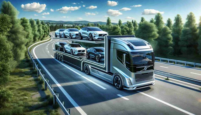 A detailed, high-resolution image representing the concept of revolutionizing logistics. It portrays an electric truck labeled as 'Volvo' loaded with modern cars meant for delivery. The truck is designed with sleek lines and a futuristic aura, emphasizing its electric nature. It is driving along a highway lined with lush green trees, with the clear blue sky being visible in the background. Please note that the cars on the truck are intended to be luxurious and top-tier, akin to those produced by top automobile manufacturers.