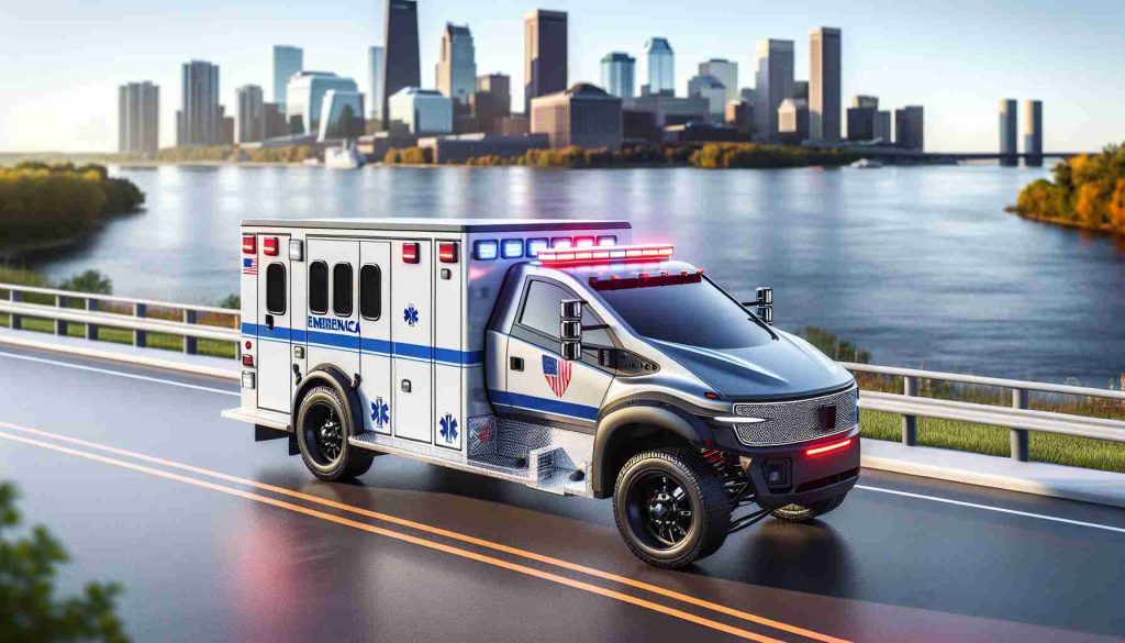 A high-definition, realistic image of an innovative electric emergency vehicle. This vehicle represents a revolution in design and technology, boasting features specifically tailored to enhance efficiency and performance during emergency situations. It has been unveiled in the picturesque state of Minnesota, known for its diverse seasons and beautiful landscapes.