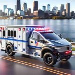 A high-definition, realistic image of an innovative electric emergency vehicle. This vehicle represents a revolution in design and technology, boasting features specifically tailored to enhance efficiency and performance during emergency situations. It has been unveiled in the picturesque state of Minnesota, known for its diverse seasons and beautiful landscapes.