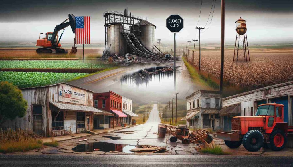 Create a high-definition, realistic image that graphically portrays the unforeseen impacts of budget cuts on rural communities. Include visual elements such as decaying infrastructure, closed local businesses, struggling farming fields, and an atmosphere of economic hardship.