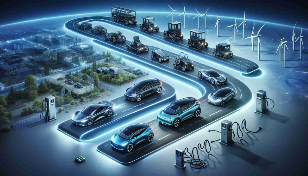 High-definition, realistic image of the evolution of electric vehicles. The image should illustrate different stages of development in the timeline of these vehicles. Begin from the early prototypes in the late 19th century, transitioning into the first mass-produced models of the early 21st century, and finally, a glimpse into the future with advanced, environmentally friendly designs. The stages can be connected by a winding road or path, hinting at the long journey of innovation. Include symbolic elements like charging stations or batteries to represent the core of the electric theme.