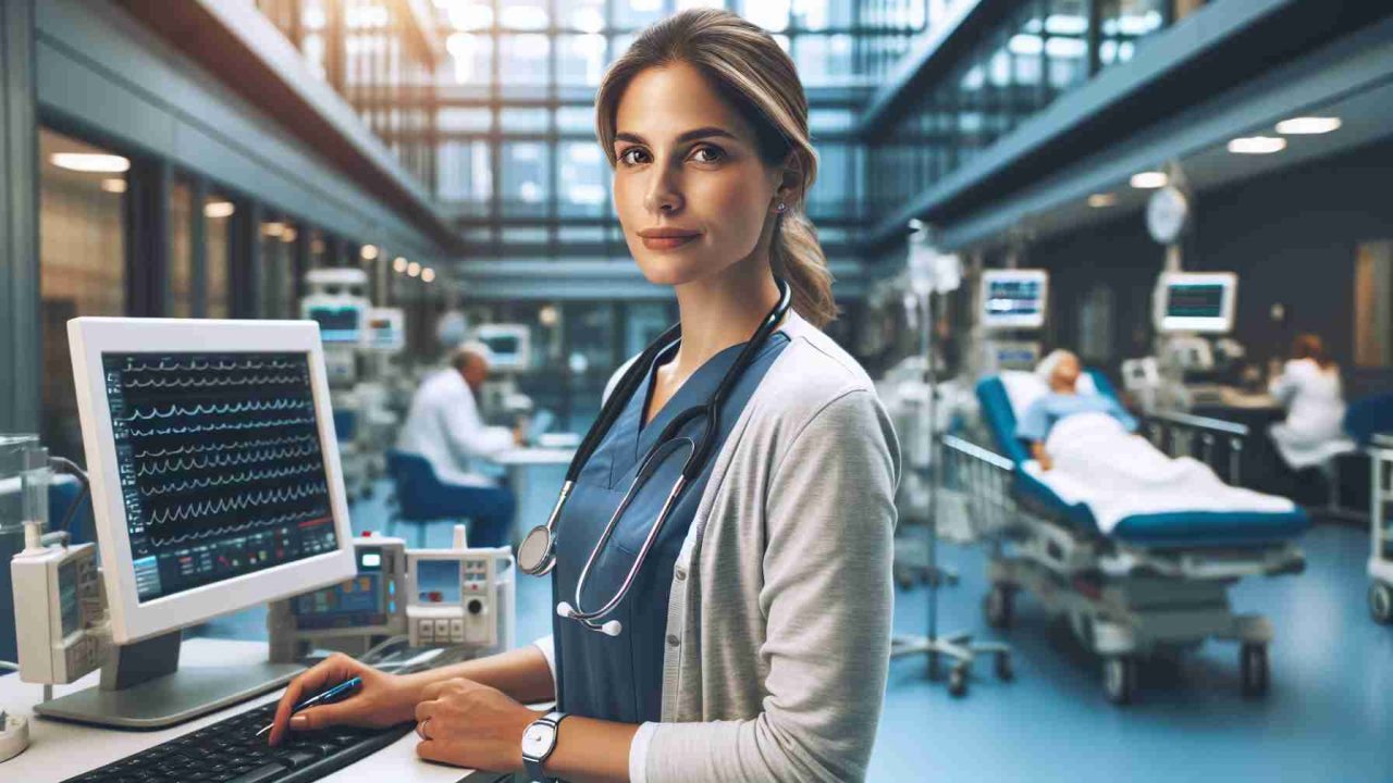 High-definition, realistic image of a rising healthcare professional just starting their journey in the field. Capture them in their natural setting of a modern, bustling hospital with state-of-the-art medical equipment. This individual, a Caucasian woman in her 30s, is filled with determination and intelligence. Illustrate the scene from an 'insider' perspective - perhaps from the viewpoint of a patient in a hospital bed or a colleague working nearby.