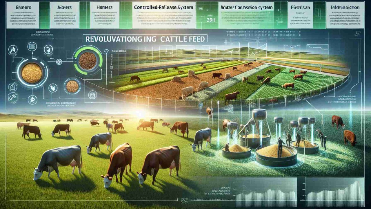 High definition, realistic visual representation of the concept of revolutionizing cattle feed for a sustainable future. The scene includes an expansive pasture, with a variety of healthy, thriving cattle breeds happily grazing. The cattle feed should be depicted as nutrient-rich and sustainably sourced, indicated by vibrant colors and accompanying information graphics. The background features innovative technologies such as controlled-release fertilizer system and water conservation methods. There's an ongoing activity showing farmers of different genders and descents involved in the preparation and distribution of this advanced feed, underlining the concept of inclusion and diverse representation in the field.