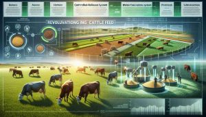 High definition, realistic visual representation of the concept of revolutionizing cattle feed for a sustainable future. The scene includes an expansive pasture, with a variety of healthy, thriving cattle breeds happily grazing. The cattle feed should be depicted as nutrient-rich and sustainably sourced, indicated by vibrant colors and accompanying information graphics. The background features innovative technologies such as controlled-release fertilizer system and water conservation methods. There's an ongoing activity showing farmers of different genders and descents involved in the preparation and distribution of this advanced feed, underlining the concept of inclusion and diverse representation in the field.