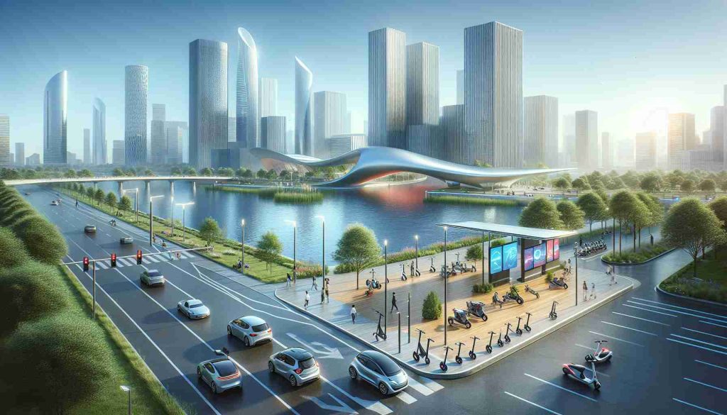 Illustrate a realistic, high-definition image depicting the conceptual design of an innovative electric mobility hub poised to launch in a city with a river. Show different types of electric vehicles, like cars, scooters, and bikes, at the hub. Give the scene a futuristic vibe with solar-powered charging stations, digital displays, green spaces, and sleek ultra-modern architecture. The backdrop of the image should include a gentle river flowing past the mobility hub, and make the city environment evident such as some tall buildings, pedestrian walks, and trees. Try to capture the excitement and anticipation of a new era in transport.