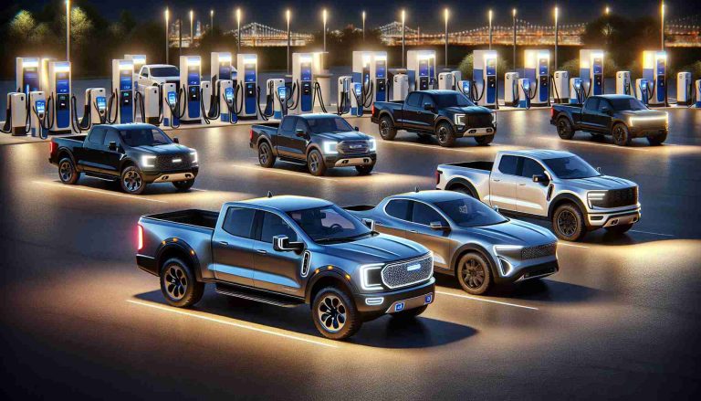 A highly detailed and realistic HD depiction showcasing an array of modern electric pickup trucks in various makes and models. Each truck should exhibit characteristic features such as the, electric charging port, distinctive front grill design, and sleek bodywork. The environment should capture the diversity of locations where these vehicles are seen - from the cityscape to off-road adventure settings. Also, incorporate facilities like charging stations in the background to emphasize their electric nature.