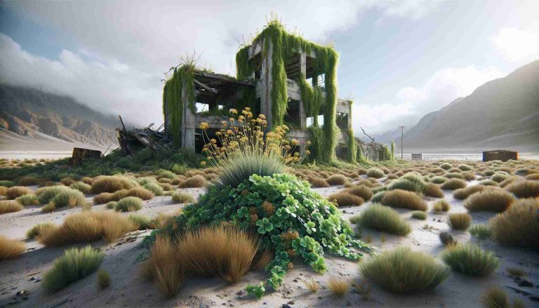 A high-definition, realistic image showcasing the resilience and beauty of nature. This might include a scene with verdant foliage reclaiming abandoned structures, a desert plant surviving in harsh environments or an outcrop of wildflowers brightening a barren landscape.