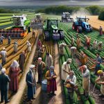 A highly detailed and realistic photo that captures the effects of agricultural changes on tenant farmers. The scene shows tenant farmers, of various descents such as Caucasian, Middle Eastern and South Asian, interacting with modern farming equipment. The contrast between the traditional way of farming and the new techniques introduced is evident. Some of the farmers look confused and overwhelmed by the complexity of the new machines, while others show signs of adaptation and understanding. The image also includes lush fields in the backdrop, with parts being cultivated using traditional manual labor and others with the latest agricultural machinery.