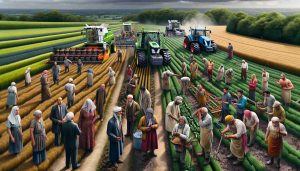 A highly detailed and realistic photo that captures the effects of agricultural changes on tenant farmers. The scene shows tenant farmers, of various descents such as Caucasian, Middle Eastern and South Asian, interacting with modern farming equipment. The contrast between the traditional way of farming and the new techniques introduced is evident. Some of the farmers look confused and overwhelmed by the complexity of the new machines, while others show signs of adaptation and understanding. The image also includes lush fields in the backdrop, with parts being cultivated using traditional manual labor and others with the latest agricultural machinery.