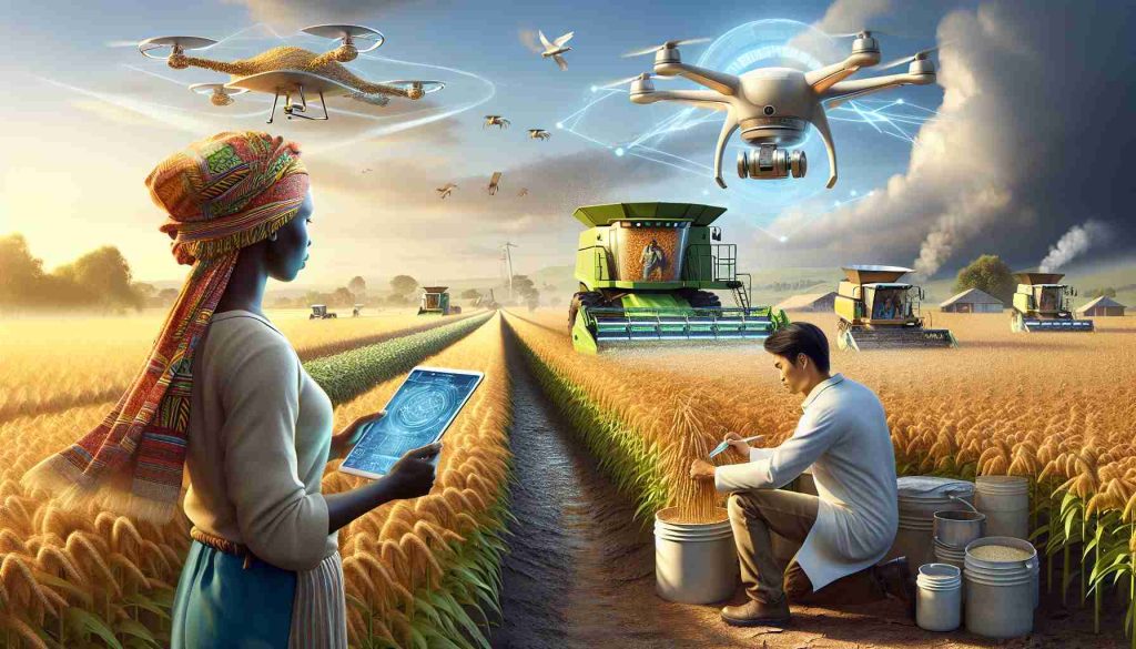 A high definition, realistic image illustrating revolutionary farming practices. In the foreground, an African female farmer is using a high-tech drone to monitor vast fields of crops. In the mid-ground, an East Asian male farm worker uses an automated harvester to diligently reap the golden grains. In the background, you can see a South Asian female scientist studying crops in a high-tech mobile lab, signifying the role of science in advancing farming. The sky above is clear and blue, symbolizing the bright future that these practices promise. The image should signify progress and hope.