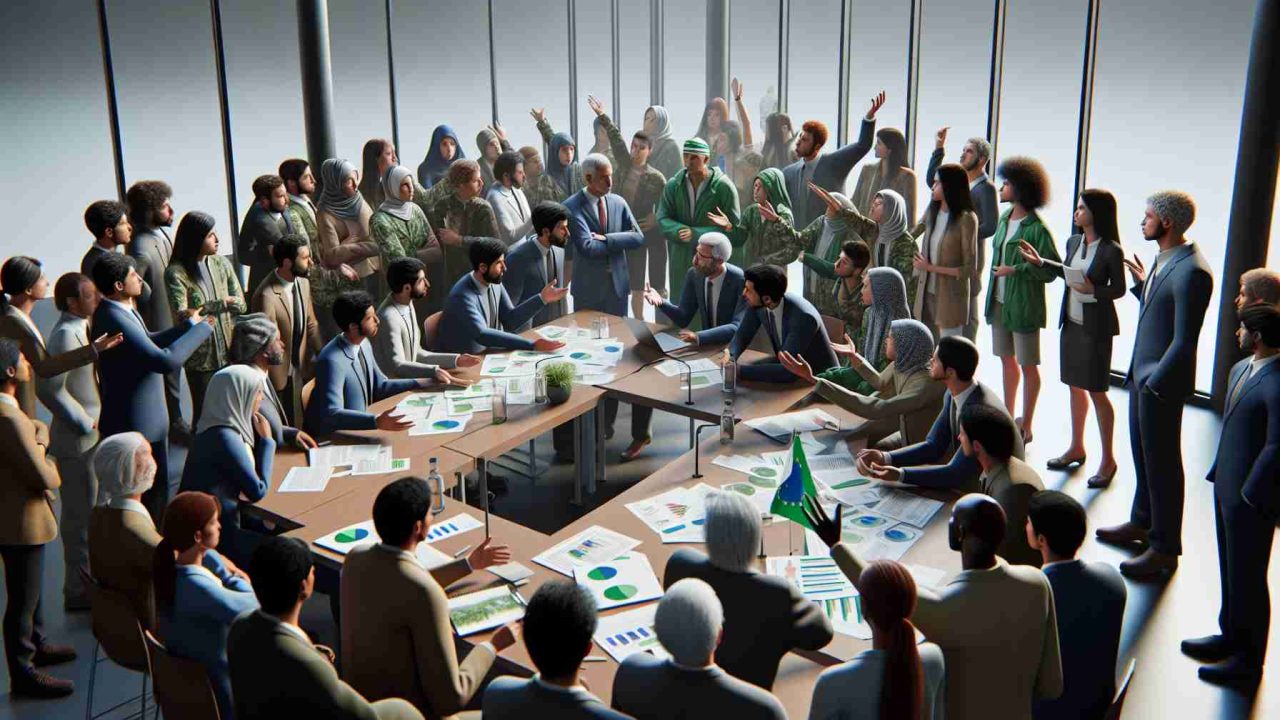 A realistic high-definition image depicting a scene where environmentalists are embroiled in a heated debate about a new regulation. The scene could include a diverse group of environmentalists of diverse genders and various descents such as Caucasian, Hispanic, Black, Middle-Eastern, South Asian, Native American. They could be seen gathered around a table or in a discussion forum, with documents and charts about the new environmental law spread out before them, passionately articulating their points of view. Consider showing some individuals being in favour of the regulation and others expressing concern or opposition.