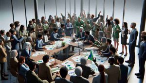 A realistic high-definition image depicting a scene where environmentalists are embroiled in a heated debate about a new regulation. The scene could include a diverse group of environmentalists of diverse genders and various descents such as Caucasian, Hispanic, Black, Middle-Eastern, South Asian, Native American. They could be seen gathered around a table or in a discussion forum, with documents and charts about the new environmental law spread out before them, passionately articulating their points of view. Consider showing some individuals being in favour of the regulation and others expressing concern or opposition.