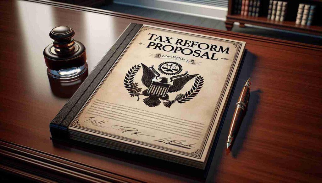 Realistic high-definition image of a tax reform proposal document branded with conservative elements. The document is located on a polished mahogany desk with an old-fashion ink pen nestled next to it. The room can be faintly seen in the background, hinting at an office scene suggestive of a political nature. The cover of the proposal is displayed prominently, adorned with symbolic elements like scales, a laurel wreath, and an eagle. Parchment-like paper, wordings in a formal script, and a cool color palette are needed for the adequate representation of the document.