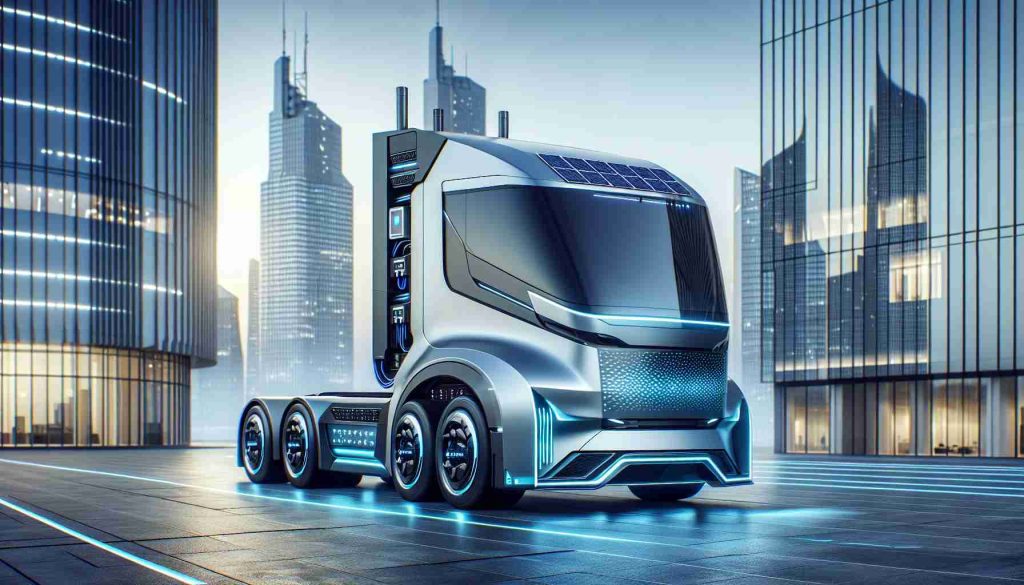 Generate a realistic HD image of a futuristic electric truck concept. The truck should have a sleek, aerodynamic design with innovative features such as built-in solar panels and wireless charging capabilities. The color scheme should be a combination of metallic silver and electric blue accents. The backdrop should be a modern cityscape, indicating a sustainable future city context for this revolutionary electric truck.