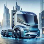 Generate a realistic HD image of a futuristic electric truck concept. The truck should have a sleek, aerodynamic design with innovative features such as built-in solar panels and wireless charging capabilities. The color scheme should be a combination of metallic silver and electric blue accents. The backdrop should be a modern cityscape, indicating a sustainable future city context for this revolutionary electric truck.