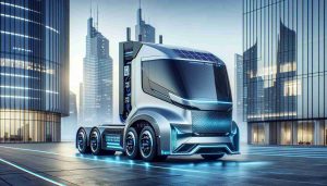 Generate a realistic HD image of a futuristic electric truck concept. The truck should have a sleek, aerodynamic design with innovative features such as built-in solar panels and wireless charging capabilities. The color scheme should be a combination of metallic silver and electric blue accents. The backdrop should be a modern cityscape, indicating a sustainable future city context for this revolutionary electric truck.