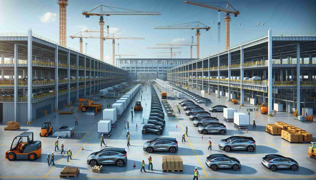 A high-definition, realistic photograph showcasing the expansion of a modern automobile factory, with new sections under construction. The image shall highlight cranes looming in the sky, workers in hard hats and high-visibility vests busily carrying out their duties, and stacks of building materials ready to be assembled. Lines of shiny, new electric vehicles sit awaiting inspection, a testament to the factory's output. Please ensure the company logo or name is not visible to keep the identity anonymous.