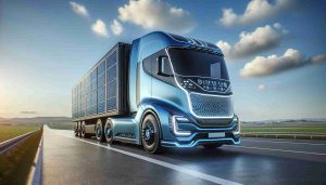 A realistic high-definition image showcasing the future of transportation with the introduction of electric trucks. Picture a modern, sleekly designed electric truck on a wide, open road, under an azure sky. The truck is of a vibrant color, illustrating high-tech features such as solar panels and digital screens. The aesthetics of the truck should clearly highlight its electric nature and futuristic design.