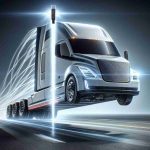 A realistic high-definition image showcasing a cutting-edge electric semi-truck, soaring to new heights of innovation, efficiency, and design. This poses as a revolution for the transportation industry, underlining the rapid advancements in electric vehicle technology. The semi-truck, symbolizing a renowned auto manufacturing brand, is vertically ascending symbolically to emphasize its improved features and enhanced performance.