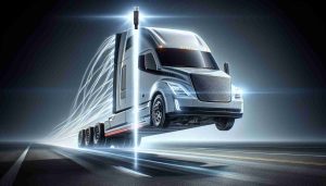 A realistic high-definition image showcasing a cutting-edge electric semi-truck, soaring to new heights of innovation, efficiency, and design. This poses as a revolution for the transportation industry, underlining the rapid advancements in electric vehicle technology. The semi-truck, symbolizing a renowned auto manufacturing brand, is vertically ascending symbolically to emphasize its improved features and enhanced performance.