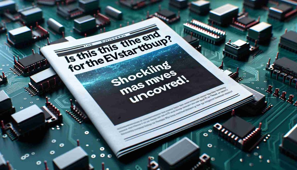 HD photo of a newsletter headline saying, 'Is This the End for the EV Startup? Shocking Moves Uncovered!'. The text appears against a backdrop of foreground blurred electronic components, evoking a feeling of uncertainty in the electronic vehicle sector.