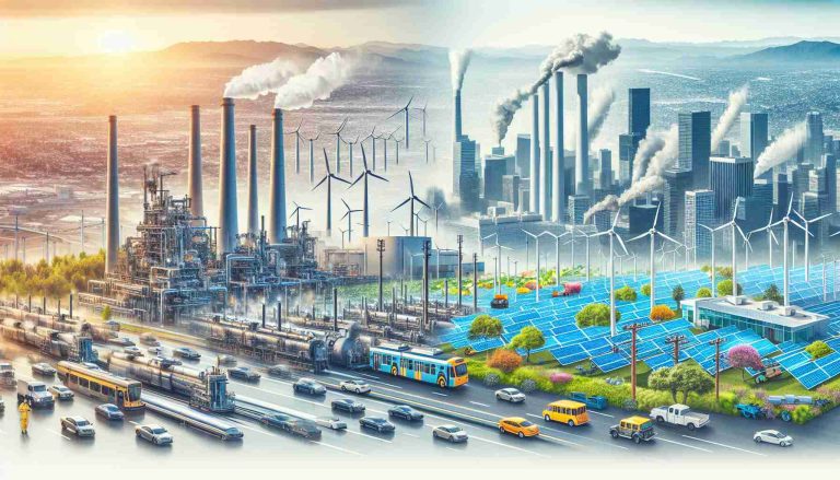 An ultra high-definition image portraying California's ambitious goals in the fight against emissions. This could include a blend of various elements like wind turbines, solar panels, electrical vehicles, and public transportation to showcase renewable energy sources and emission reduction strategies. Additionally, consider contrasting it with traditional sources of pollution, such as factories with smokestacks and gas-powered vehicles to highlight the difference made by cleaner, renewable energy alternatives.