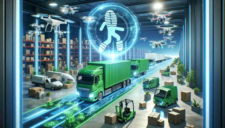 Create a high-definition, realistic image depicting the concept of revolutionizing logistics for sustainability. The image should picture a futuristic transportation system emphasizing green technology. It could show electric powered trucks navigating efficient routes, drones delivering packages through clean air, and sustainable packaging materials being used in a bustling warehouse. A symbol or icon symbolizing 'a bold step' - such as a footprint in a courageous stride - could be integrated into the scene, reinforcing the theme of advancing towards a sustainable future.