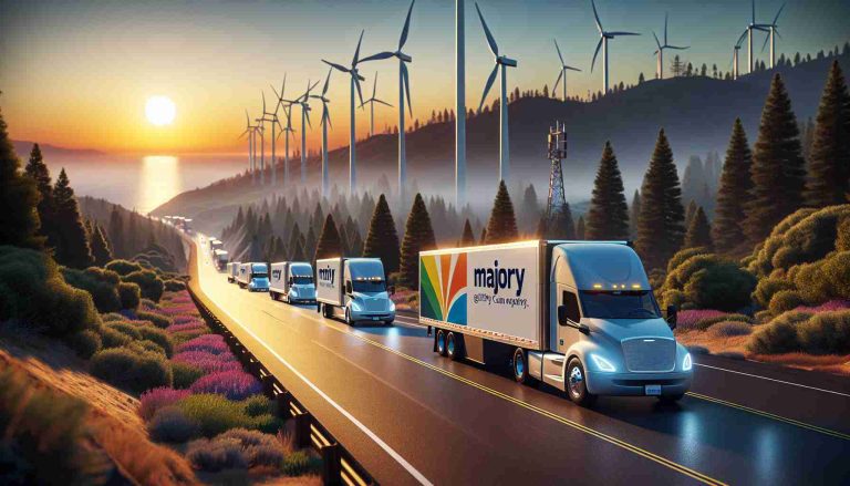 A high-definition, realistic depiction of electric trucks paving the way for a sustainable future in California. It portrays several electric trucks prominently displayed on a highway against the backdrop of California's iconic landscapes, such as the sun setting over the Pacific Ocean and the towering Redwoods. The major utility company's logo is shown on the side of the trucks, a symbol of their commitment to green energy. There are wind turbines and solar panels in the background, signifying a shift towards renewable energy sources.