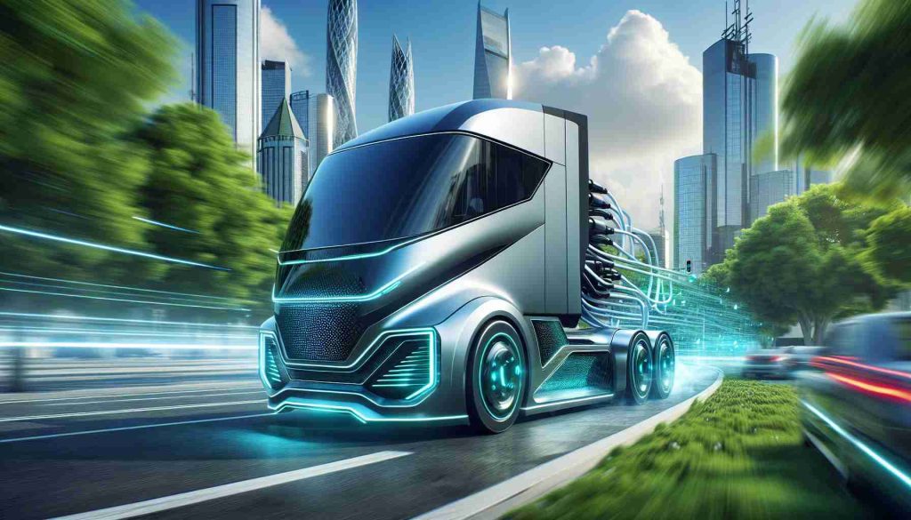 Generate a realistic, high-definition image illustrating the innovation and game-changing quality of the future of electric trucks. Let's include a futuristic electric truck with a sophisticated design and modern aesthetic in motion, symbolizing rapid advancement in this technology. The backdrop should represent an environment conscious, sustainable future - perhaps a green, thriving cityscape under a clear, sky-blue day.