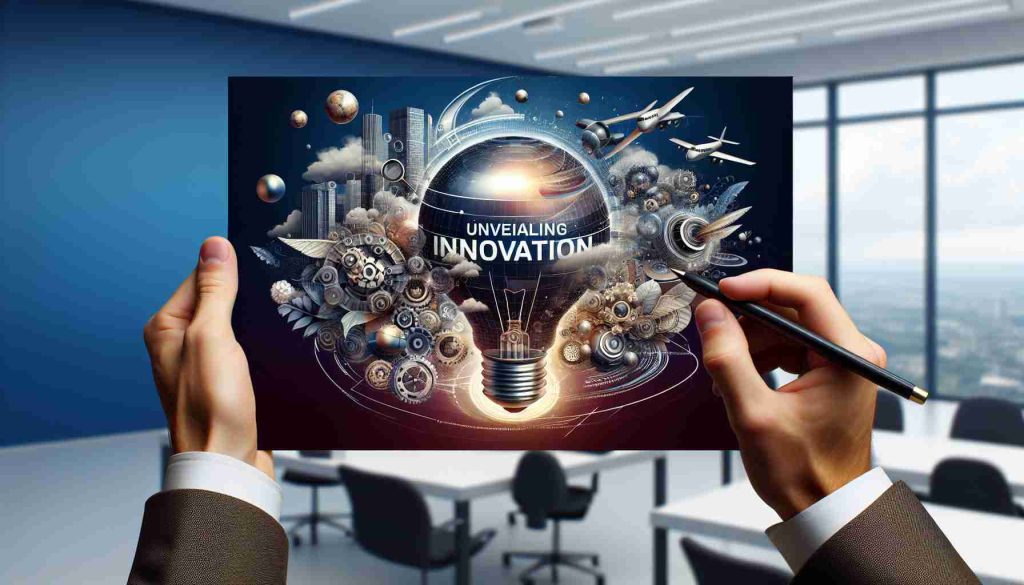 Imagine a high-definition, realistic scene representing 'Unveiling Innovation'. Think of it as representing an innovative group or company. It exudes progress, advanced technology, and futuristic ideas. Evoke an air of awe and surprise, as if the viewer is becoming privy to a whole new world of cutting-edge developments. Incorporate elements such as a stylized corporate logo, advanced gadgetry in the mid unveiling process, possibly floating around to imply advanced tech, and a backdrop suggesting a high-tech office interior.