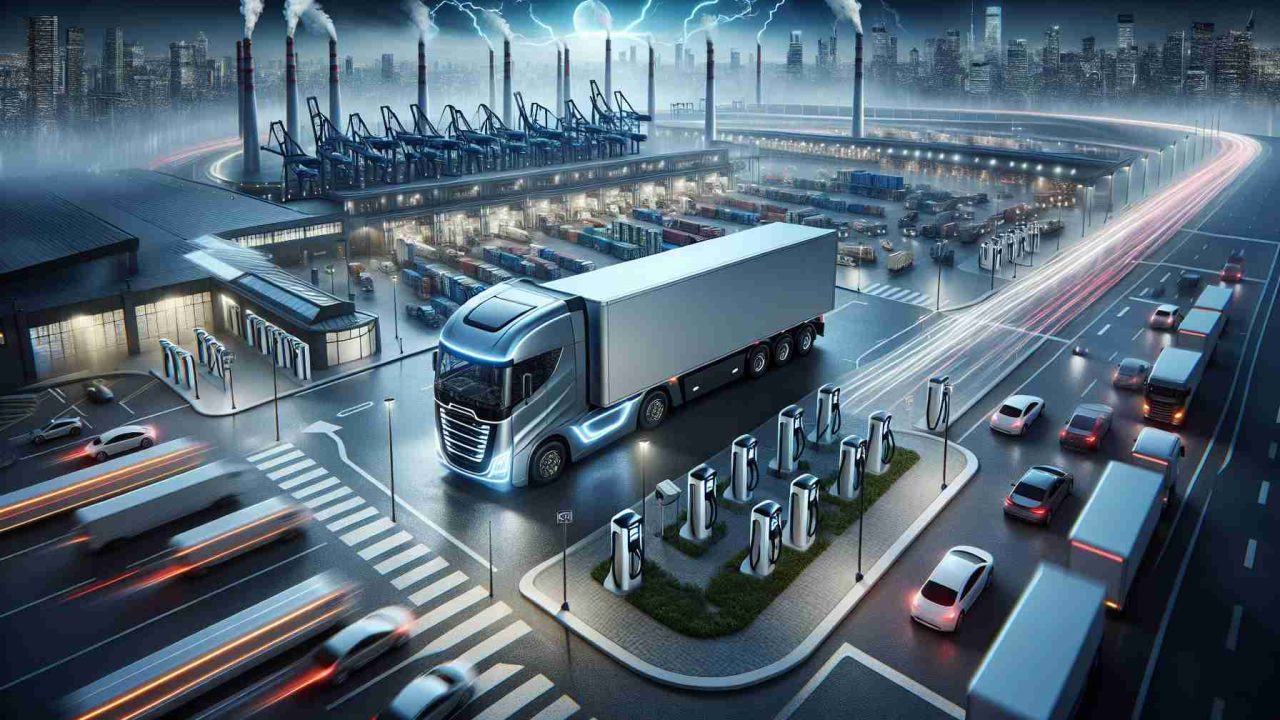 A high-definition, realistic visual representation depicting the revolution in transportation. The main focal point should be an electric truck, signaling the potential future of transport. The truck should be efficiently designed, highlighting its electric nature. Surround it with imagery of a transportation center buzzing with activity but pointedly void of any traditional, non-electric trucks. Include charging stations in the backdrop to emphasize the shift towards electric power. The entire scene should instill a sense of progressiveness and novelty, indicative of the impactful revolution that the introduction of electric trucks could bring to the transportation sector.