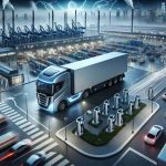 A high-definition, realistic visual representation depicting the revolution in transportation. The main focal point should be an electric truck, signaling the potential future of transport. The truck should be efficiently designed, highlighting its electric nature. Surround it with imagery of a transportation center buzzing with activity but pointedly void of any traditional, non-electric trucks. Include charging stations in the backdrop to emphasize the shift towards electric power. The entire scene should instill a sense of progressiveness and novelty, indicative of the impactful revolution that the introduction of electric trucks could bring to the transportation sector.