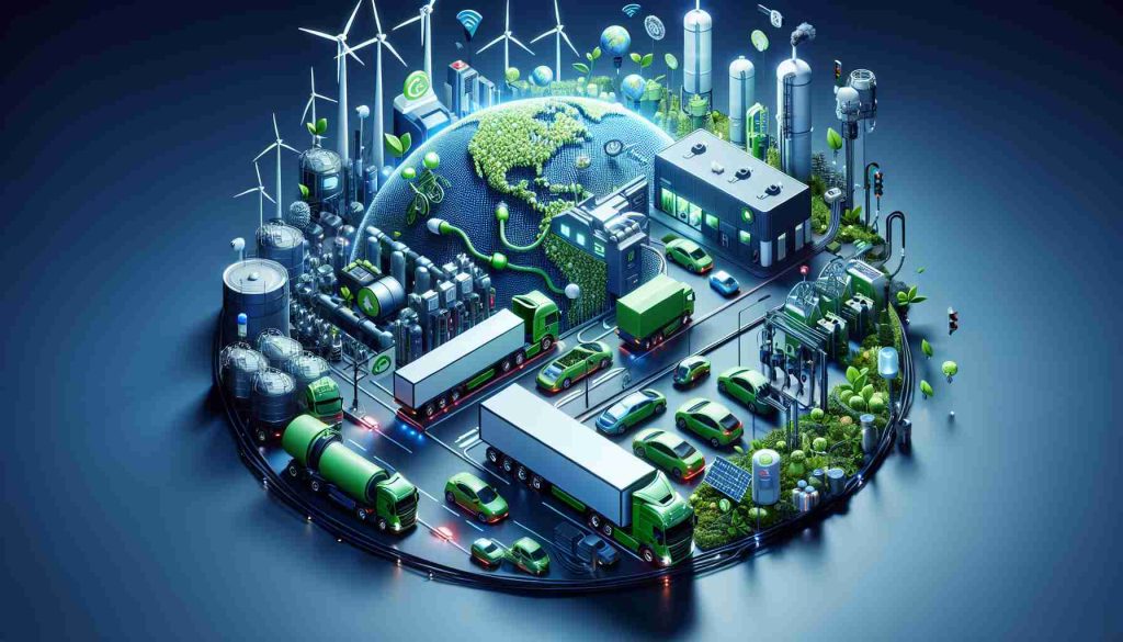 High-definition image, with a realistic touch, showcasing the innovative approach towards sustainability in transportation. Illustrate a company similar to Musket Transport but not referencing the specific company. Display their environmentally conscious efforts, such as the utilization of electric lorries and trucks, biofuel stations, and recycling initiatives. Consider incorporating greens and blues to signify nature and renewable energy.